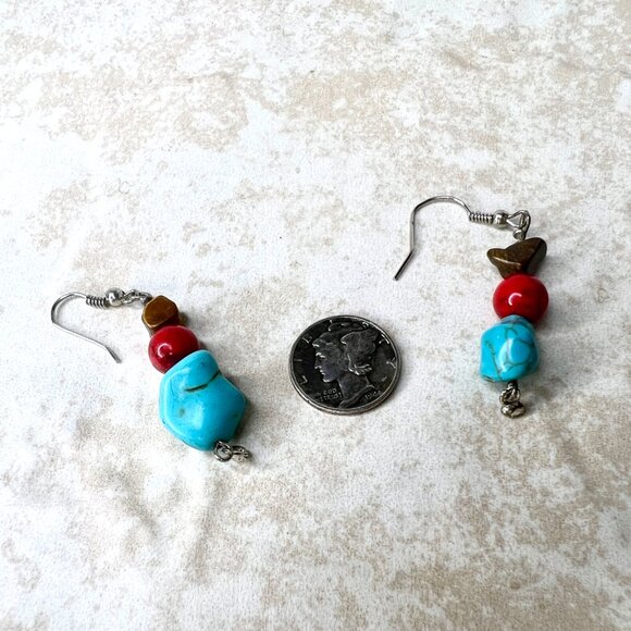 Boho Turquoise Jasper Cat’s Eye Dangle Earrings Southwestern Silver tone - Picture 7 of 7